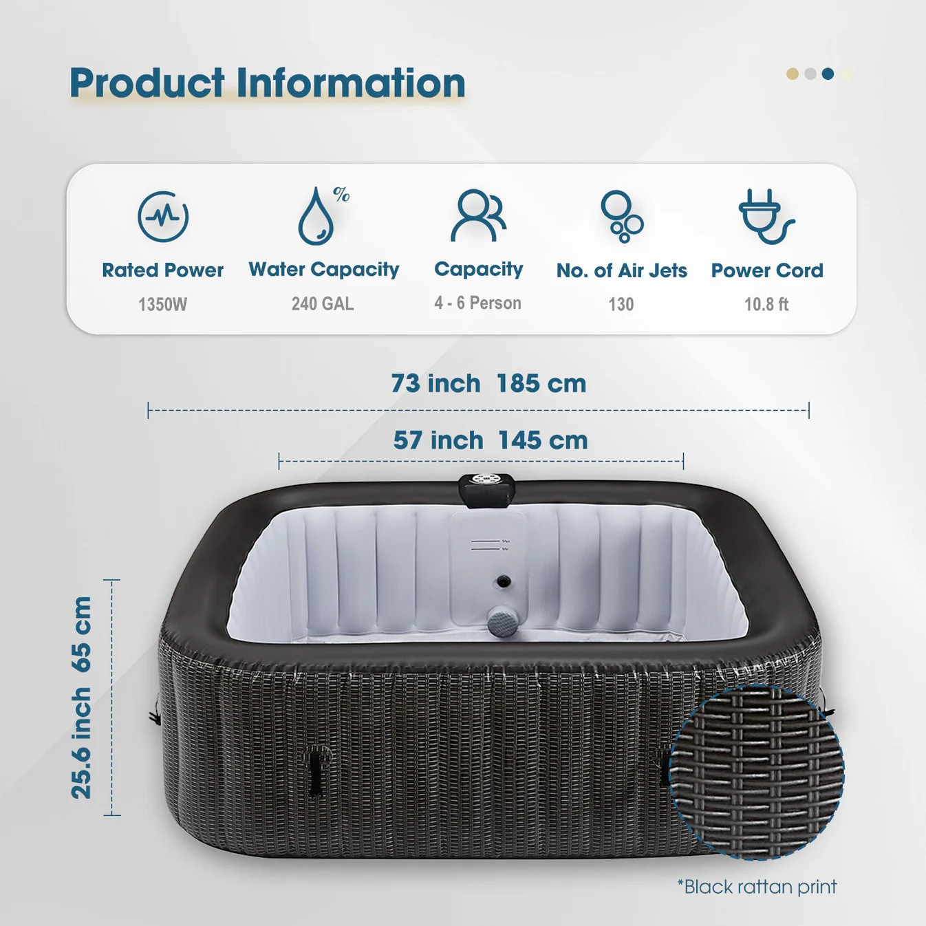 Relxtime 6 Person Square Inflatable Hot Tub 130 Massaging Air Jets Black Laminated Classic Spa – TB001