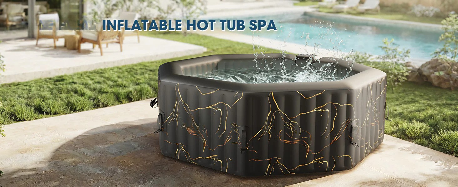 4-6 Person Octagonal Black Gold Inflatable Hot Tub, Portable Outdoor Spa with 130 Soothing Bubble Jets, Insulated Cover, 2 Filter Cartridges